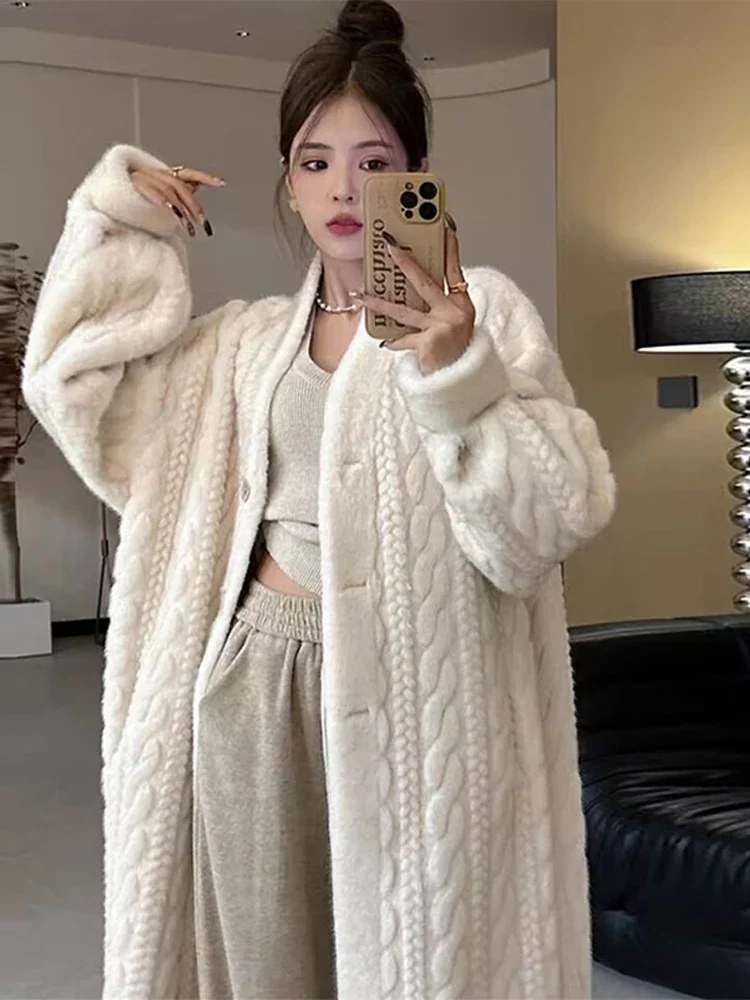 Women Fur Cardigan Thickened Long 2024 Autumn Winter V-neck Thin Jacket Female Loose Simple Leisure With Buttons Casual Fur Coat