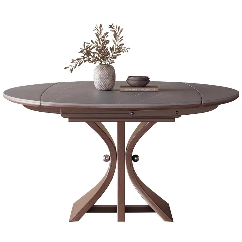 Slate solid wood dining table variable round table Mid-style home small apartment