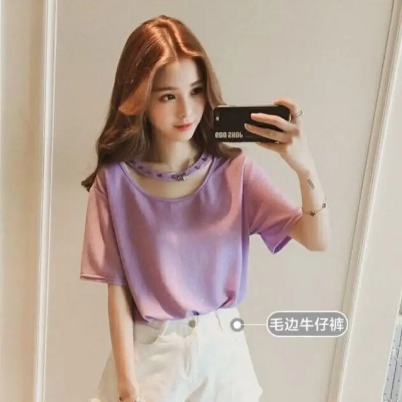 Women Summer Korean Fashion Loose Bright Silk Solid Color O-neck Short Sleeve T-Shirt Women Clothes Casual All-match Trend Tops