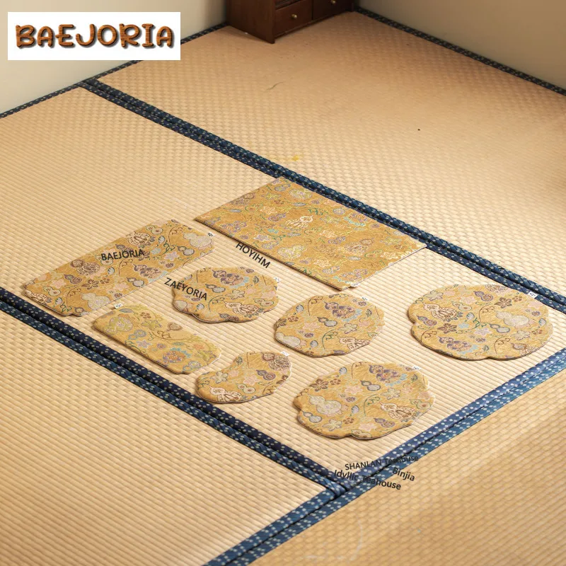 BAEJORIA Brocade Shimmering Gold Gourd Tea Table Mats Luxury Drink Coaster Dinner Table Cloth Mat For Tea Accessories Decoration