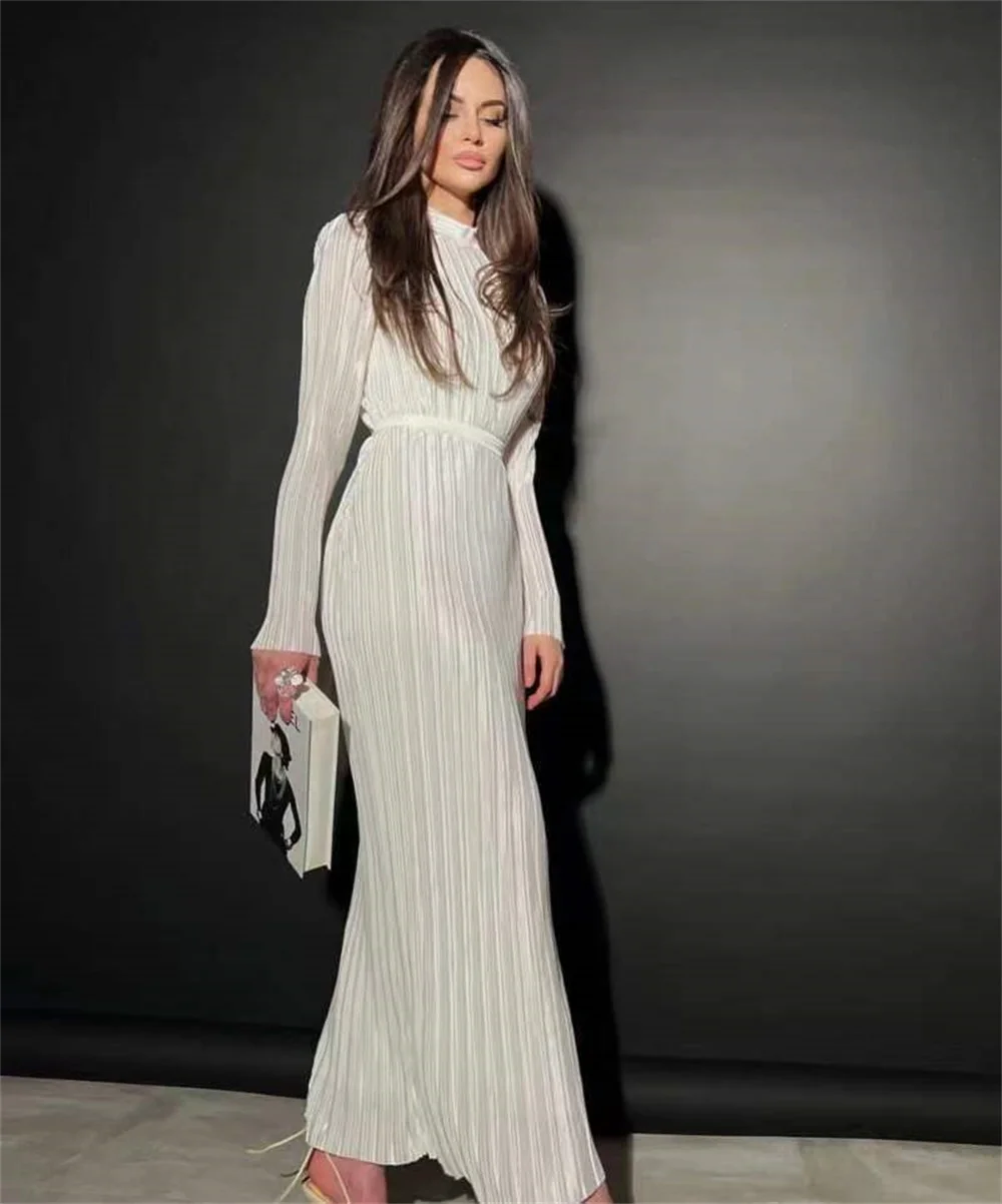 

Women Pleated Half High Collar Lace-Up Dress 2023 Autumn Solid Long Sleeve Ankle-Length Dresses with Belt Female Vestidos