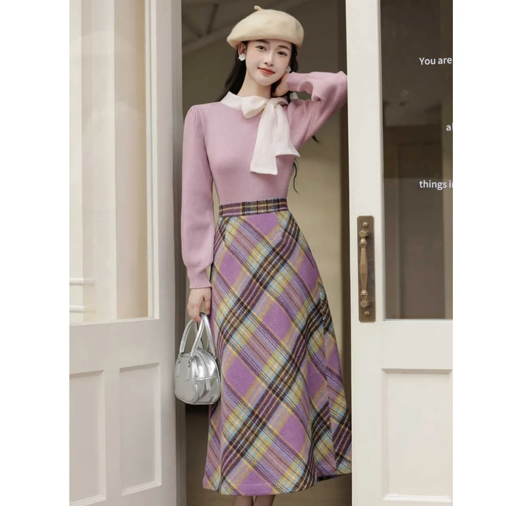 Women Spring Autumn Vintage Graceful Bowknot Sweater Plaid Skirts 1 or Two Piece Set Lady Retro Knit Tops High Waist Skirt Suits