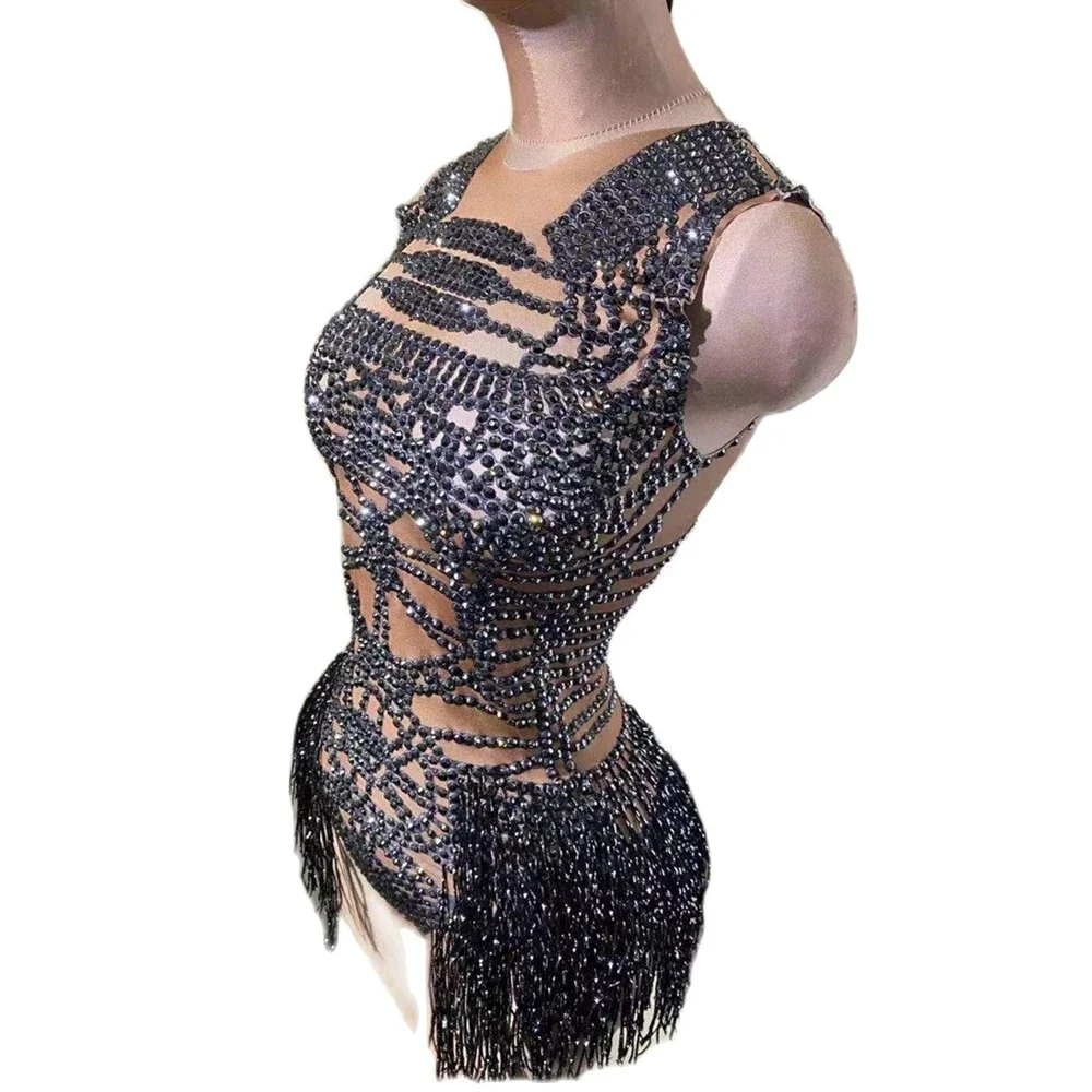 Zwarte Kwastje Strass Bodysuit Vrouwen Sprankelende Kristallen Outfit Party Latin Dance Club Stage Catwalk Show Kostuum