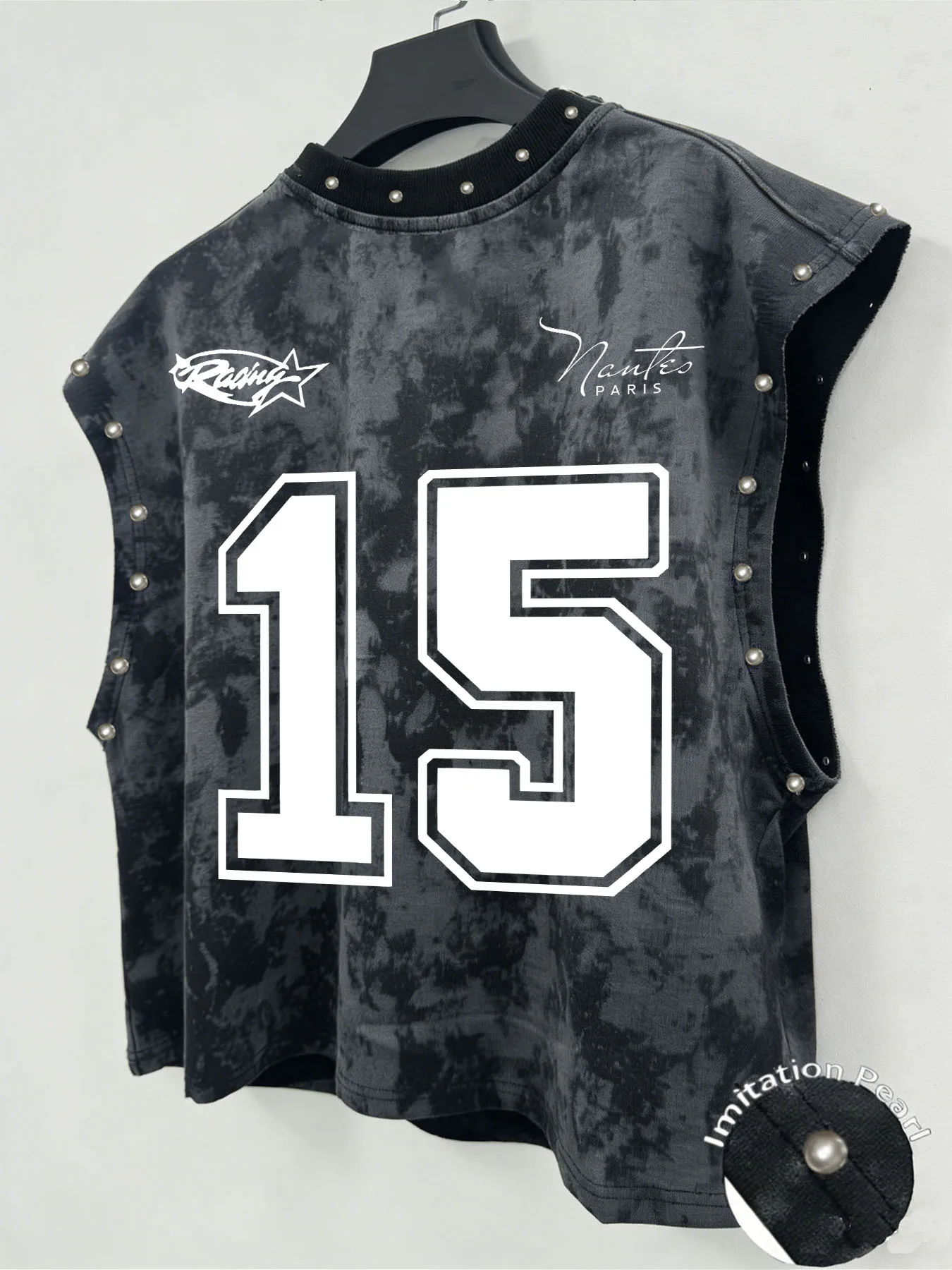Tie-Dye Ärmelloses Tanktop, Stern-Buchstaben-Druck Vorne, Imitationsperlen Sport-Street-Weste Herrenbekleidung Tanktop für Männer – Detail 2