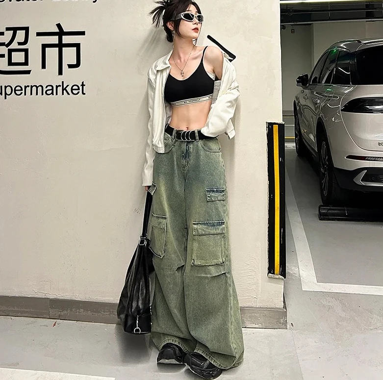 

Y2K стиль с высокой талией и широкими штанинами женские джинсы винтажные ретро свободные джинсовые брюки повседневная модная уличная одежда