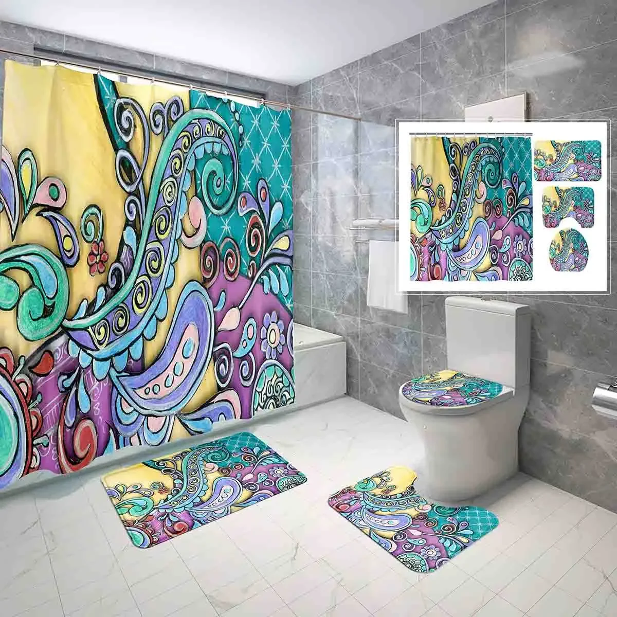 

4 Pcs Paisley Flower Shower Curtain Sets Doodle Floral Patterns Art Non-Slip Bath Mat Toilet Cover Waterproof Shower Curtain Set