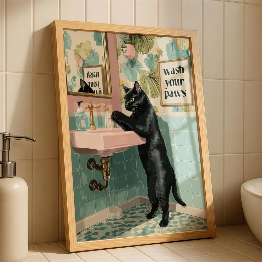 Black Cat Wash Your Paws Bubble Sink Art Print Toilet Paper Bathroom Poster Tuxedo Cat Wash Your Paws Canvas Painting Home Decor