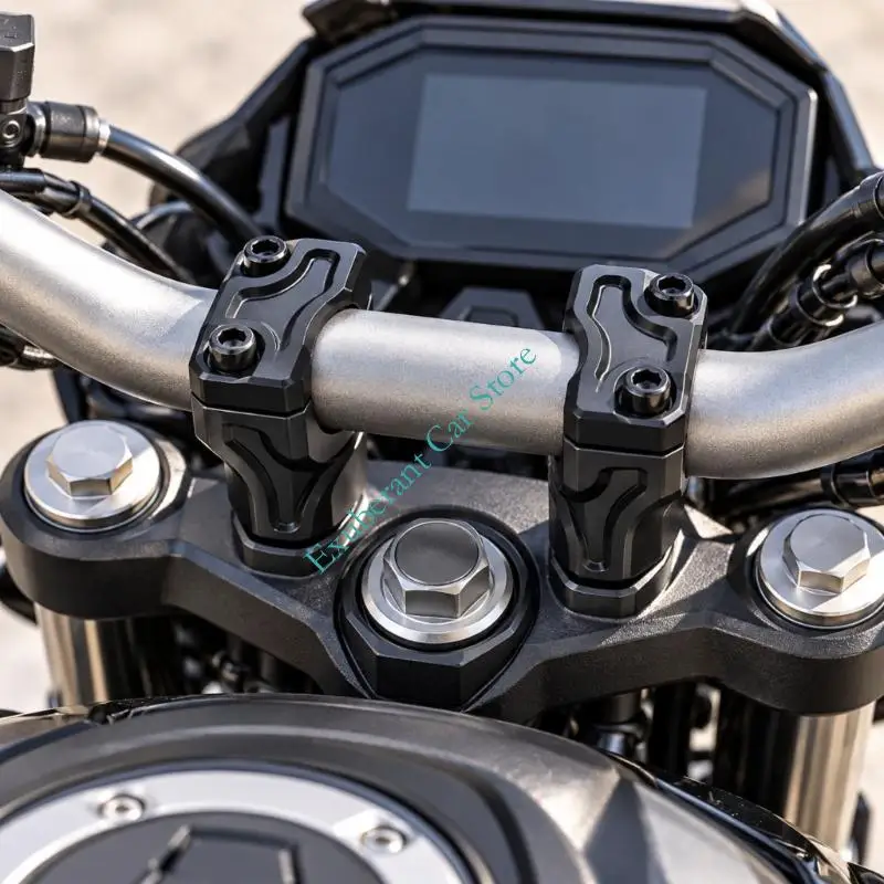 Motorcycle Handlebar Rise Clamp Set with Black Machined Aluminum Clamps, Paired Mounting Holes and Split Circular Bar Openings