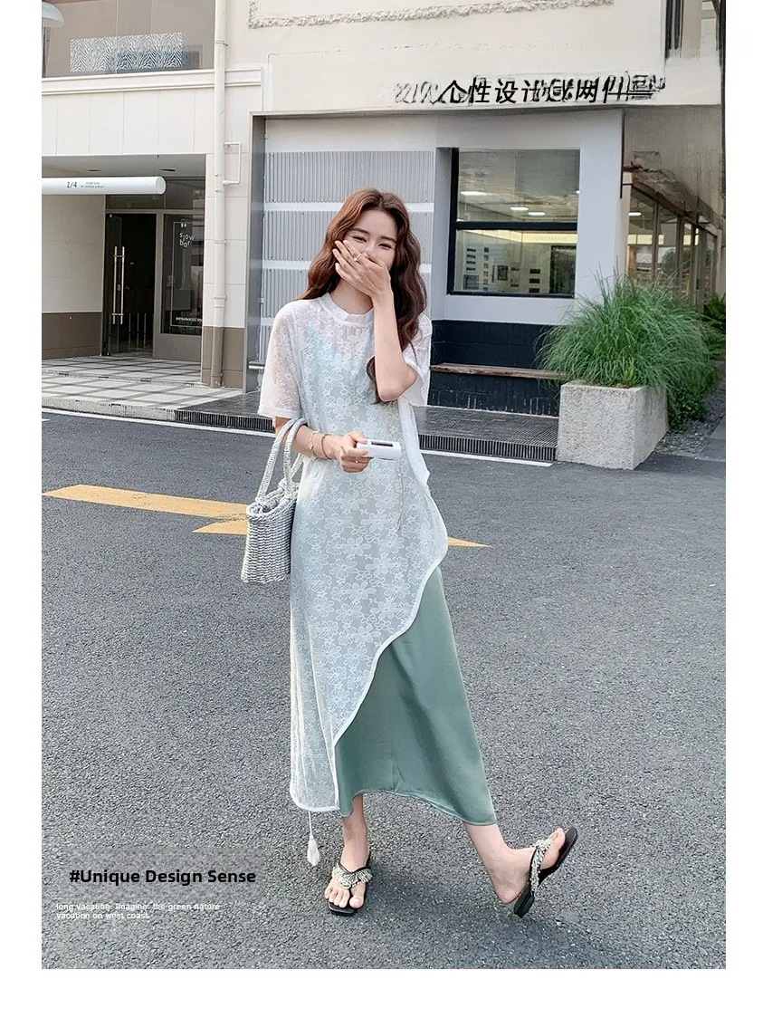 

Летний комплект с кружевной накидкой, женский комплект из двух предметов с нерегулярными однотонными ремешками, модный японский комплект Sle Fre и простой наряд