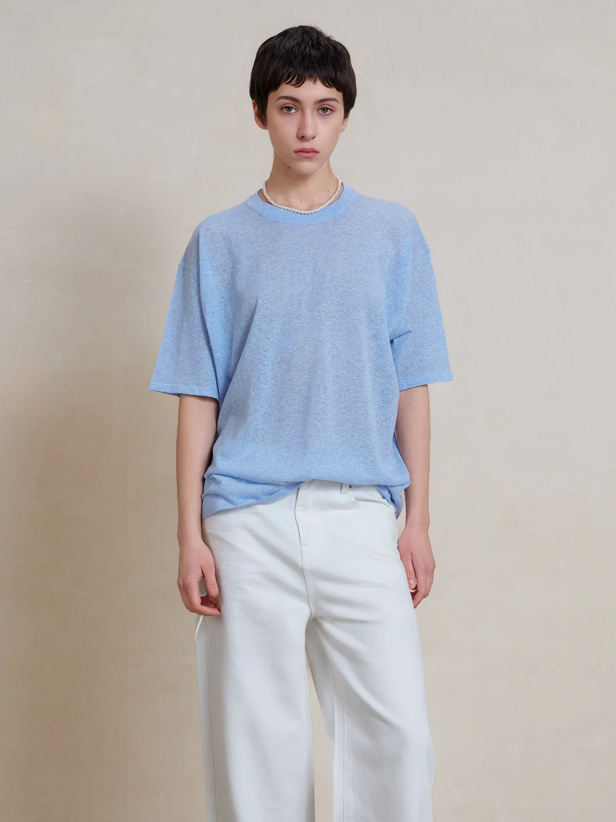

WITTY Linen Cool Feeling Knitted T-Shirt Women's Back Snowflake Texture Design Loose Slimming Top Casual Style round Neck...