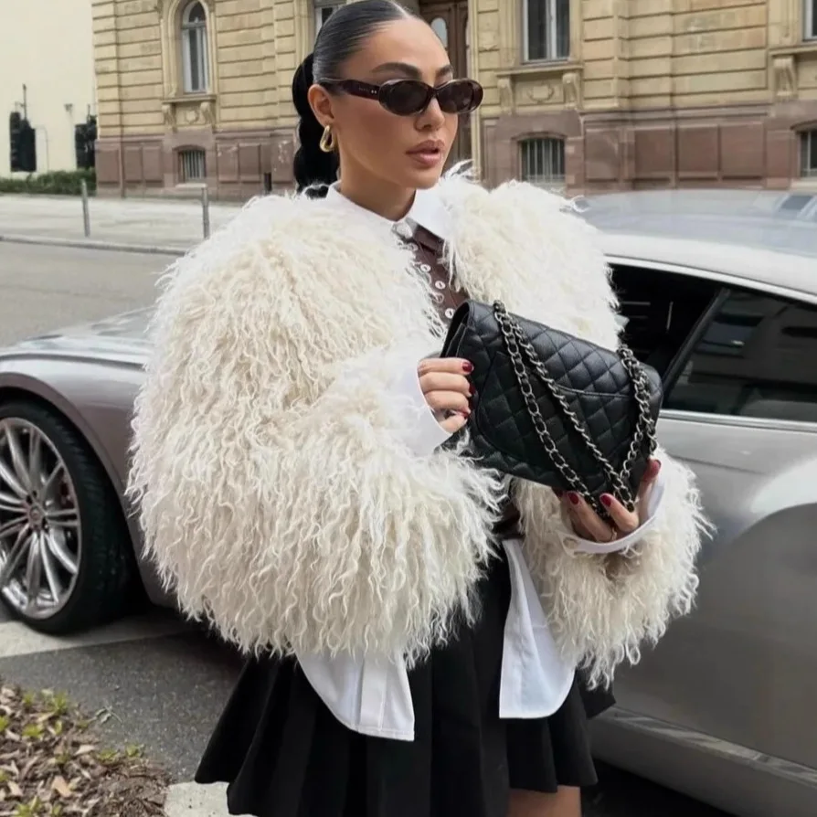 

2025 Women's Euro-American Faux Fur Jacket Long Sleeve Shawl Collar Fall Winter Casual Streetwear Luxury Texture