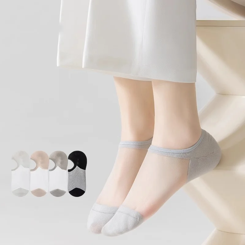 Meias femininas transparentes sem exibição, verão, silicone, malha respirável, leve, invisível, antiderrapante, barco