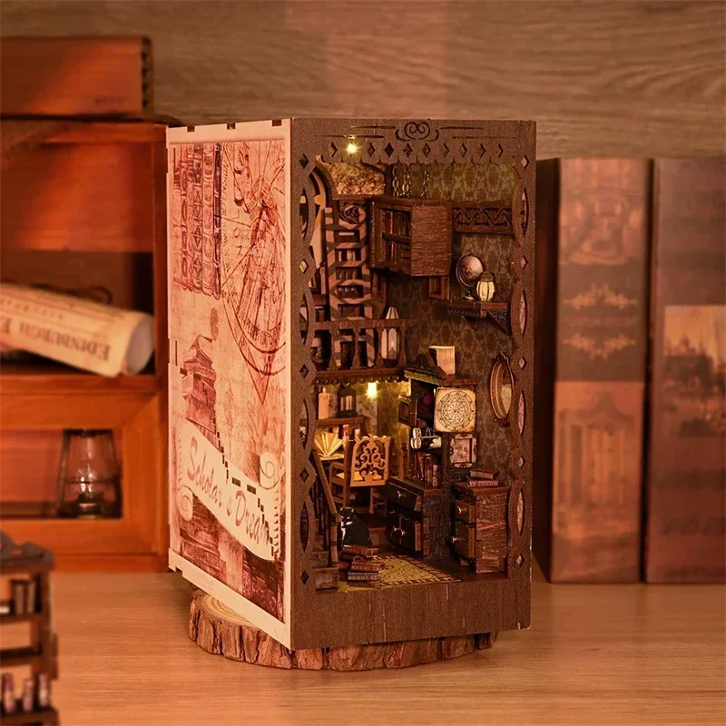 NEW DIY Wooden Book Nook Shelf Insert Miniature Building Kits, Study Room Bookshelf Assembly Bookend for Adults Birthday Gifts