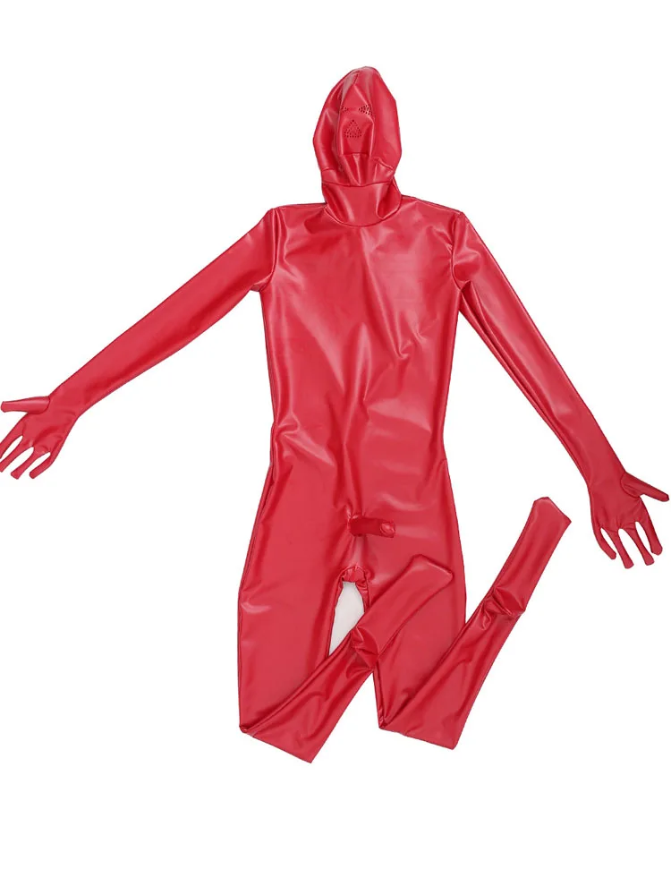 Bodysuit elástico em couro PU para homens, Faux Latex Catsuit, dedo separado, bodysuit, calças justas Zentai, casaco cheio, collant sexy, conjunto