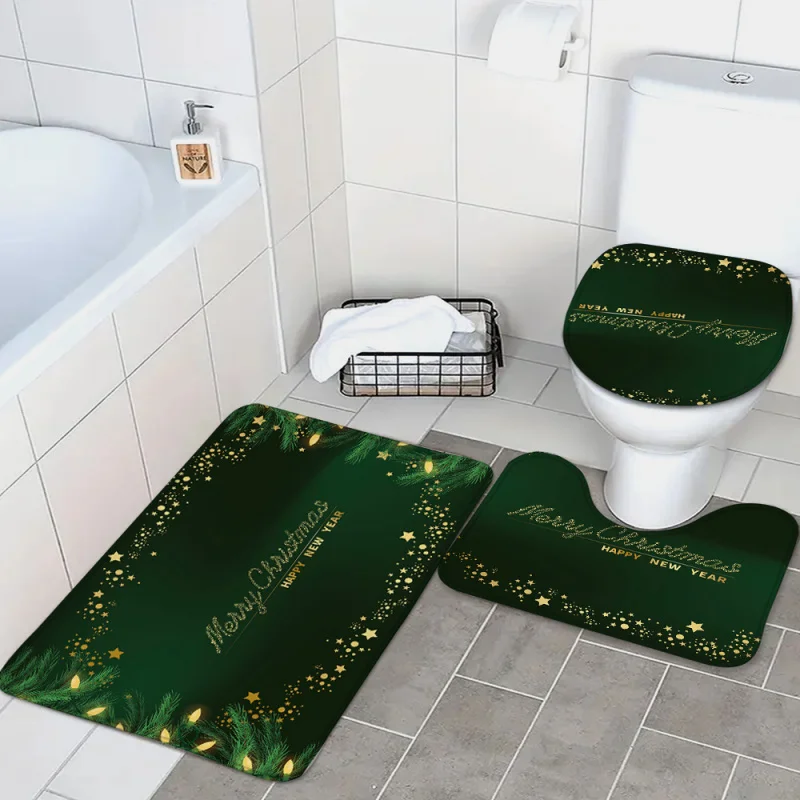 3-piece Christmas holiday bath rug set-non-slip, soft flannel, PVC backed, woven polyester bathroom mats with festive patterns