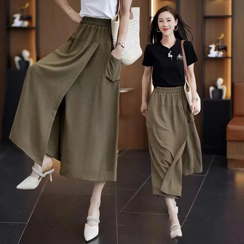 2024 Khaki Black Wide-Leg Pants Skirt Ladies Spring Summer Fashion Plus Size Loose Pants Pocket Elastic Waist Culottes Female