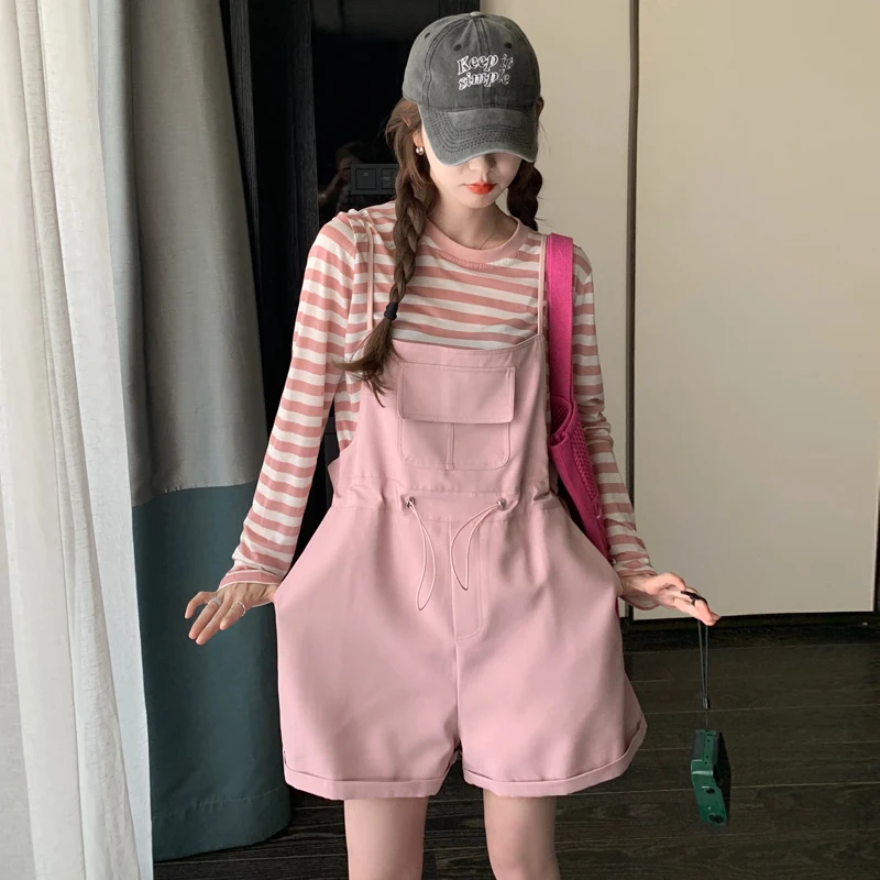 Elegancki zestaw: koszulka w paski i ogrodniczki damskie, styl uniwersytecki, letni nowy model, wzór kaktusa, spodnie jednoczęściowe, wysoki stan lub...