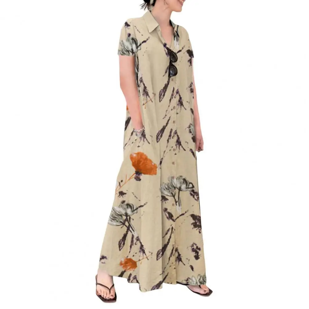 

Women Long Dress Floral Print A-line Shirt Dress with Side Pockets Women's Summer Ankle Length Button-down Long Dress Loose