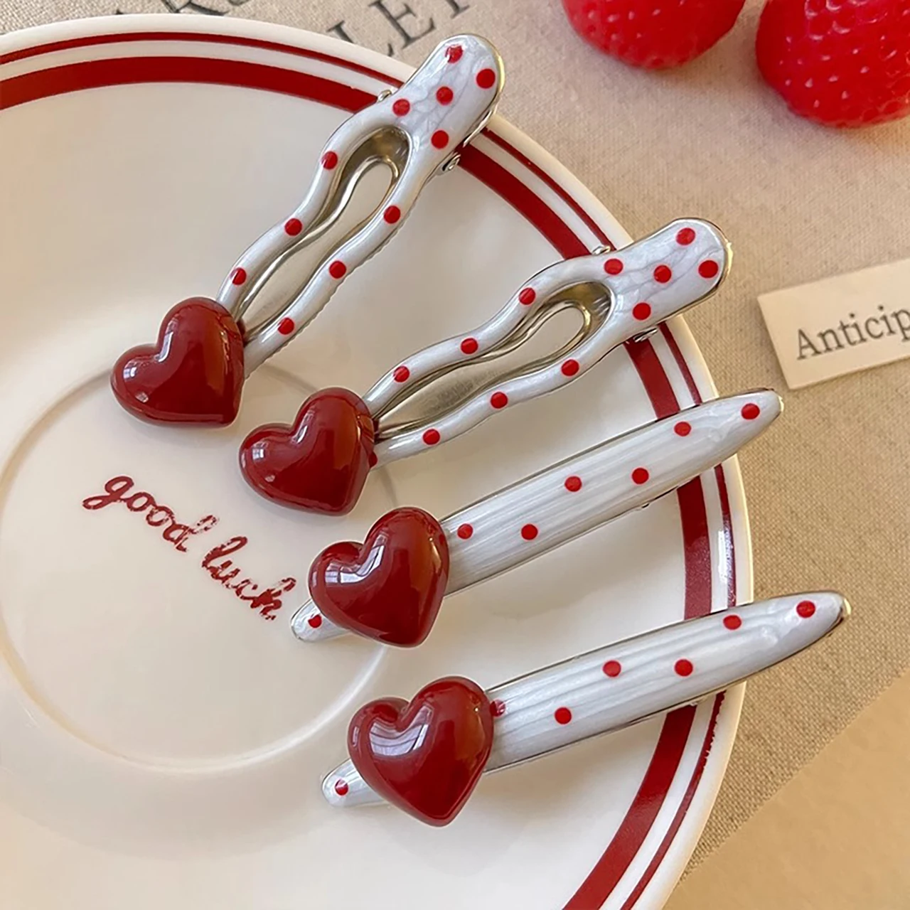 

2Pcs Sweet Love Heart Haipins Red Polka-Dot Hair Clip Wavy-Shaped Long Duck Tongue Clips Girl Metal Barrettes Hair Accessories
