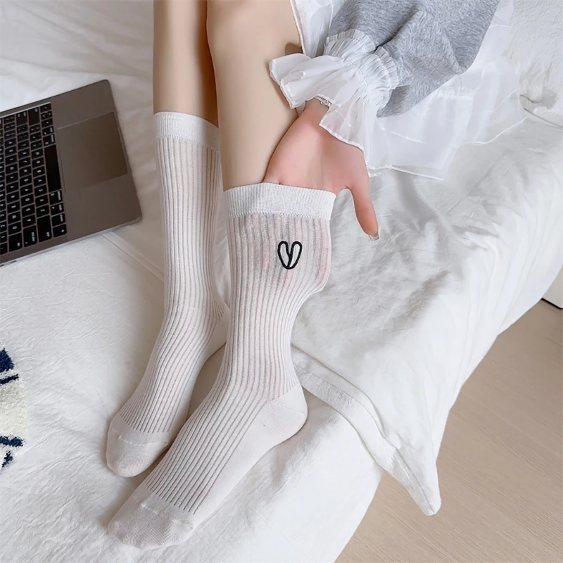 Aesthetic Solid Color Thin Cotton Calf Socks for Women Japanese Sweet Heart Embroidery Hollow Out Mesh Middle Tube Socks