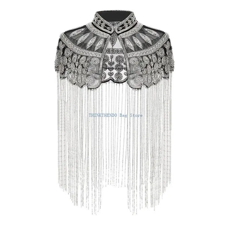 340D Elegant Fringed Shawl Wrap with Sequins and Beads Decors for Women Cosplay Party Evening Gown Decorative Accessory