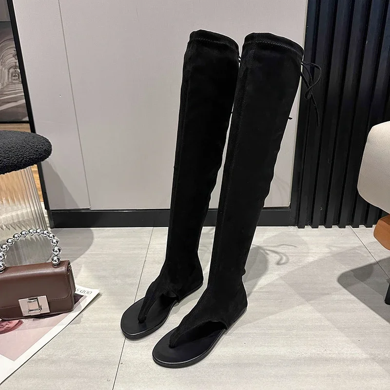 Pleated Boots Women shoes  Flock Knee High Boots 2024 Winter Women Fashion Slip on Square Low Heel Knight Booties Mujer