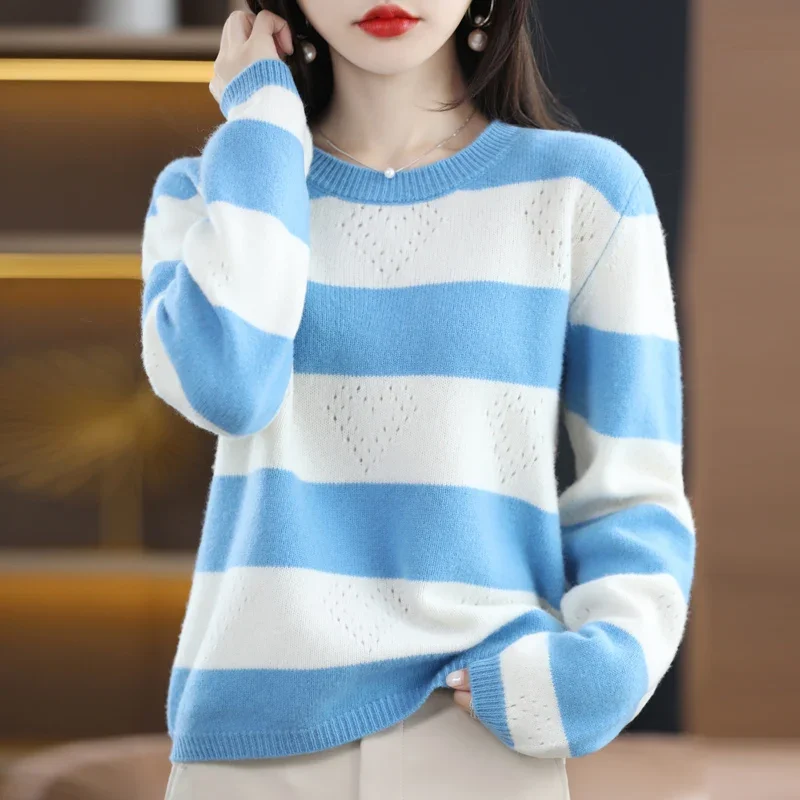 100% Merino Wool Knitted Pullover Women's Sweaters 2023 Winter O-Neck Long-Sleeved Short Paragraph Shirt  Loose Jumper Tops