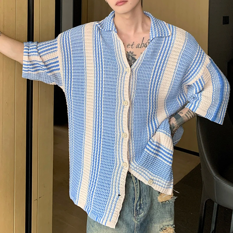 Men's Contrast Color Short-Sleeved Knit Shirt Summer Hollow Out Loose Classics Lapel Casual Versatile Thin Knitted Sweater Coats
