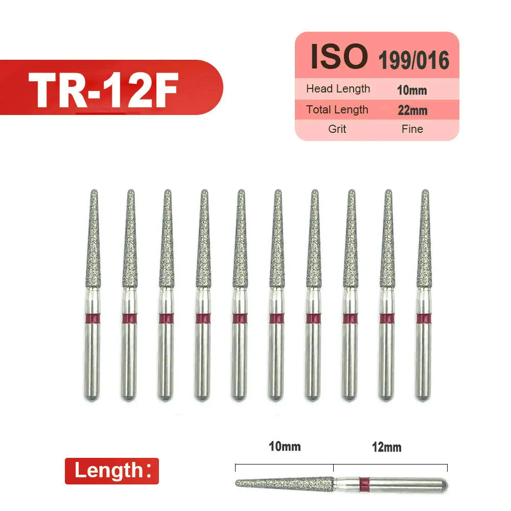 Fresas de diamante Dental FG de alta velocidad para pulido de dientes, pulidor de fresas con forma de extremo redondo, TR-12F, 10 Uds.