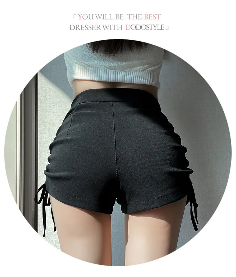 2026 Neue Frühjahr-Herbst Damen Schwarze Casual-Shorts mit seitlichem Kordelzug-Design, petite-freundlich, schlankmachend, schmeichelhaft, Outdoor-Streetwear-Shorts – Detail 9