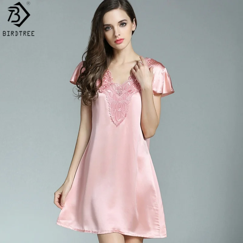 BirdTree,16MM 100% Real Silk Pajamas Dresses,Women Short Sleeve V-neck Dress,Sexy Casual Nightdress,2026 Spring New D61717JF