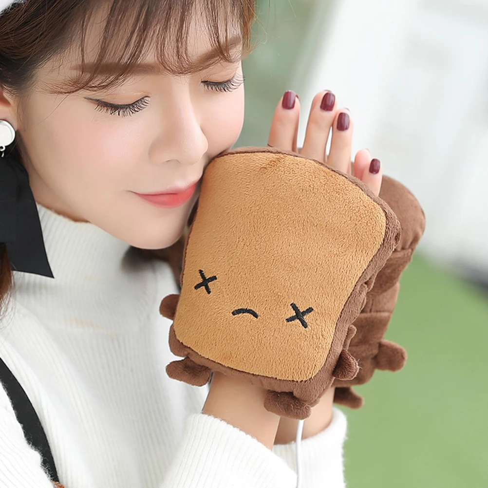 

1Pair USB Heating Gloves Bread Pattern Half Finger Hand Warmer Cartoon Winter Warm Gloves Electric Fingerless Warmers