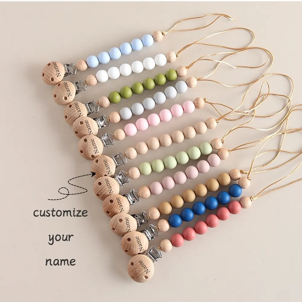 Custom Name Silicone Bead Pacifier Clip, Wooden Engraving Text Baby Dummy Holder Chain, Silicone Teether Chain Personalized