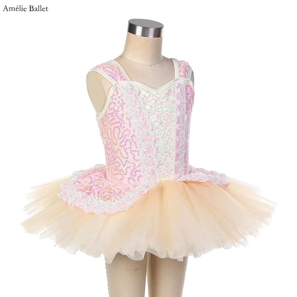 23025 corpete de elastano de lantejoulas rosa com saia tutu de tule marfim, fantasia de balé infantil para meninas, performance de palco, roupa de dança