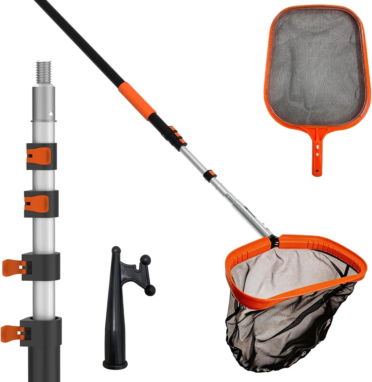 Telescopic Pool Skimmer Net Set, Fine Mesh Leaf Collector, Above Ground Inground Swimming Pools Ponds Fountains, Heavy Duty Aluminum Alloy Pole Quick Release Hook, Blue Cleaning Kit 4 Piece Set