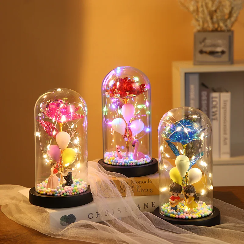 Valentine Gift Beauty and The Beast Preserved Roses In Glass Galaxy Rose Flower LED Light Artificial Flower Gift for Women Girls