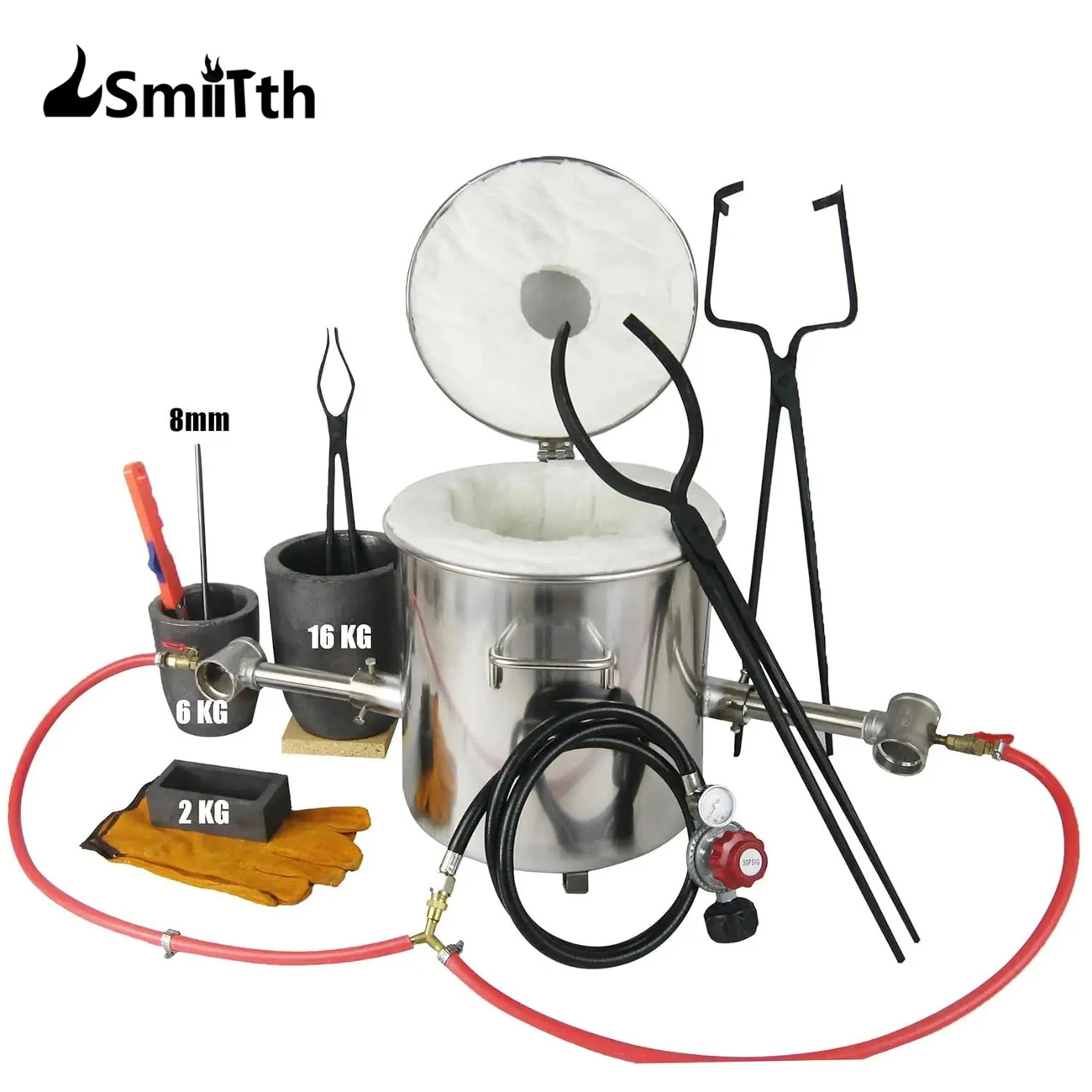 

LSMIITTH 16 KG Large Gas Metal Melting Furnace Dual Burner Foundry Forge Smelter Kit with Lifting And Pouring Tongs Propane