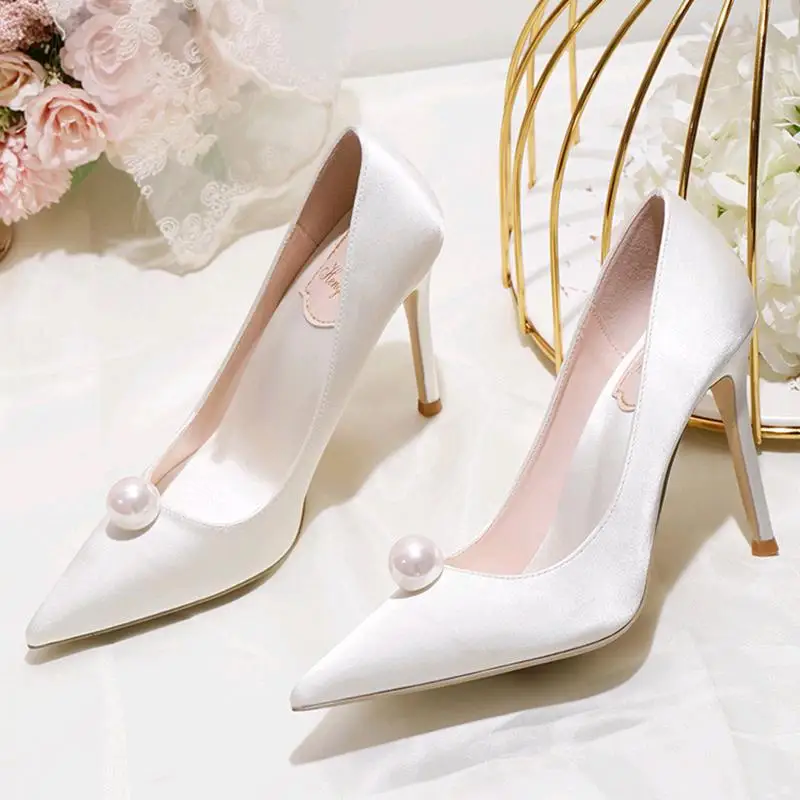 Women Pumps 2024 New Fashion Women\'s Shoes Pointed White Pearl High Heels 8cm Stiletto Red Bridal Wedding Pary Shoes