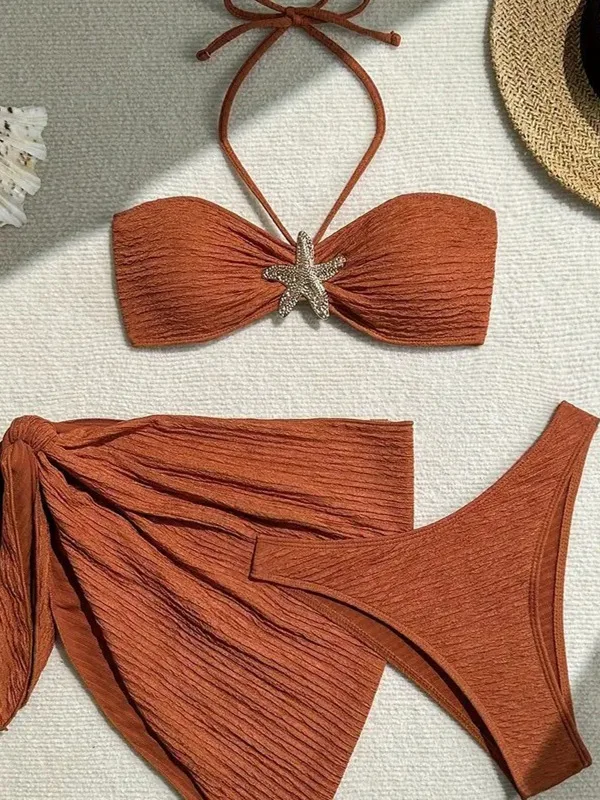 Neuer 2025 Dreiteiliger Bikini Badeanzug mit Strandrock Damen Badeanzug Cover-Up Sport Yoga Fitness Fans Zubehör