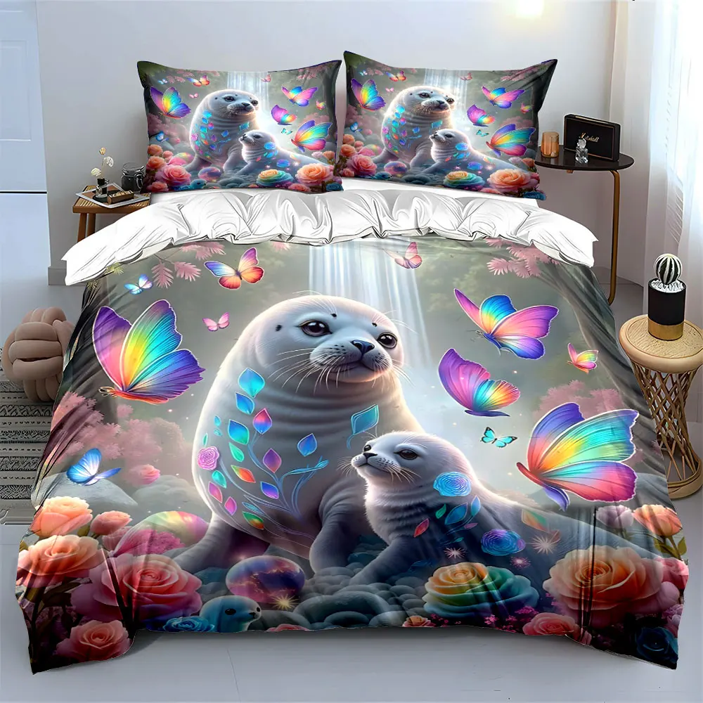 Fantasy seals with butterflies Print Bedding Set 1 Duvet Cover 2 Pillowcases for Adult and Children Luxury Gift Full Size