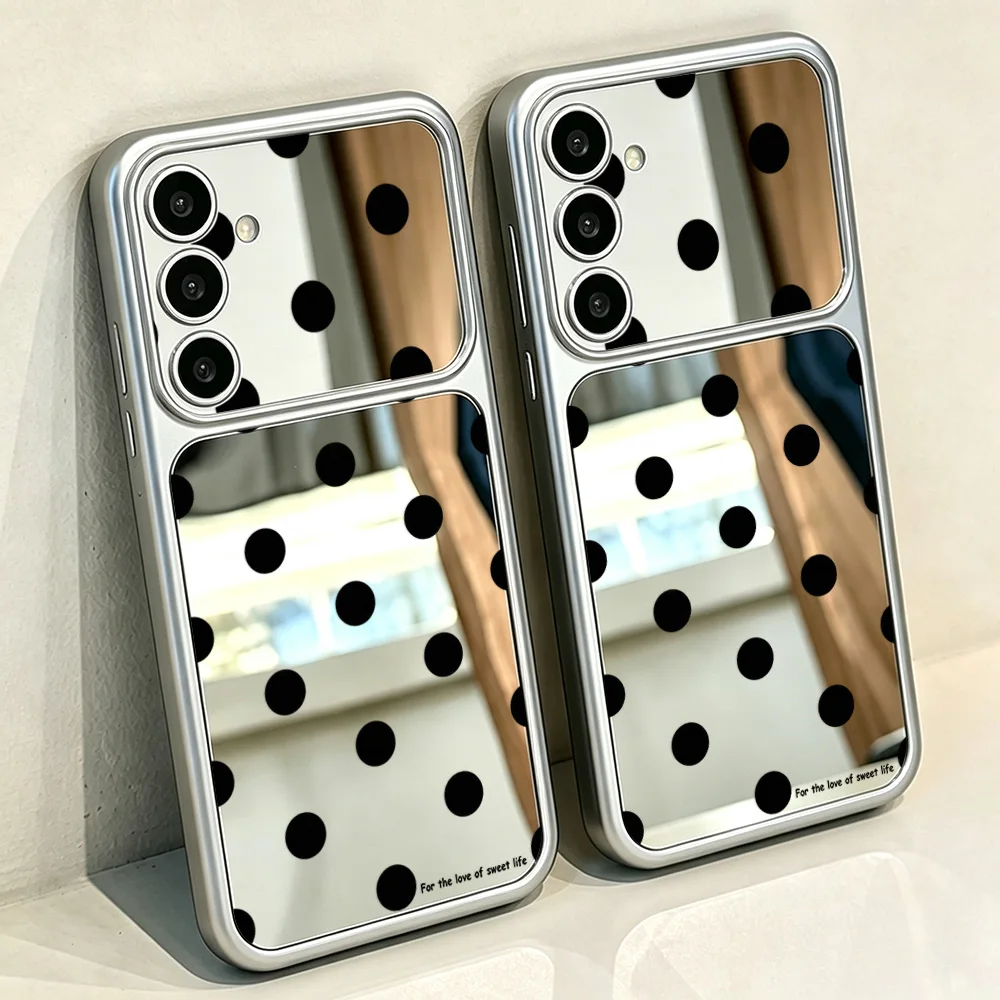 Black Dots Mirror Phone Case For Samsung A37 A36 A35 A26 A17 A16 A07 A57 A56 A55 A54 S25 S26 Ultra S24 S23 Cover With Lanyard