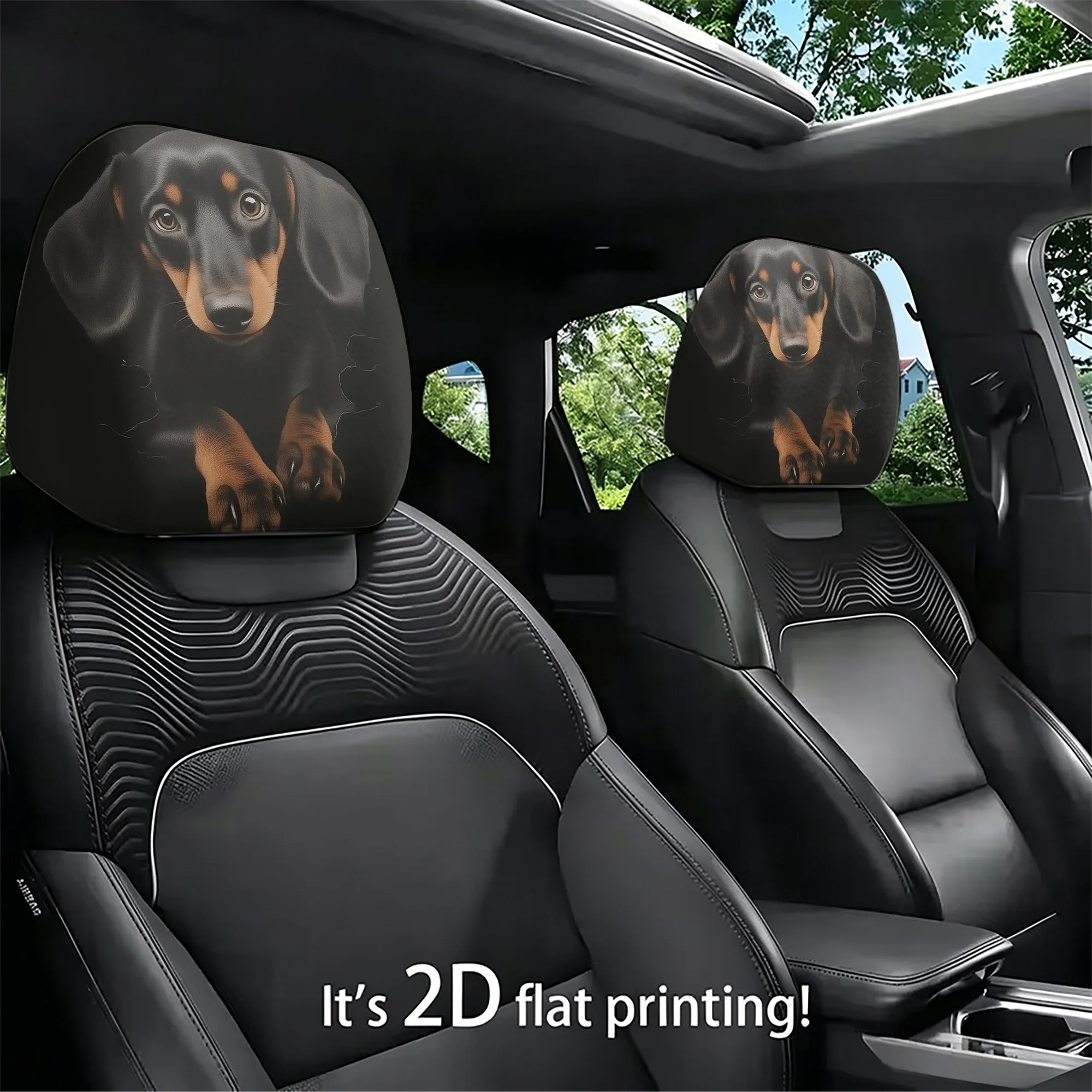 2pcs cute dachshund-patterned car headrest covers to add a touch of charm to your car interior. Filling not included. Easy to in