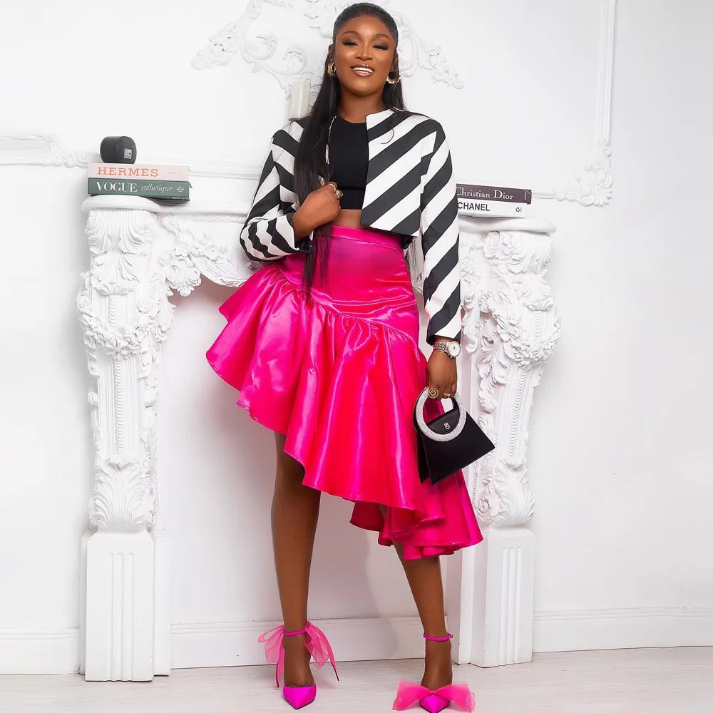 

Fuchsia Asymmetrical Skirt For Women Satin Draped Girls Birthday Skirts