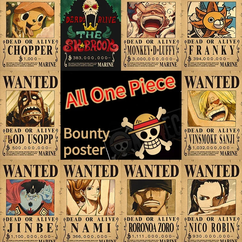 Anime One Piece Luffy 3 Billion Bounty Wanted Posters Four Emperors Kid Action Figures Vintage Wall Decoration Poster Toys