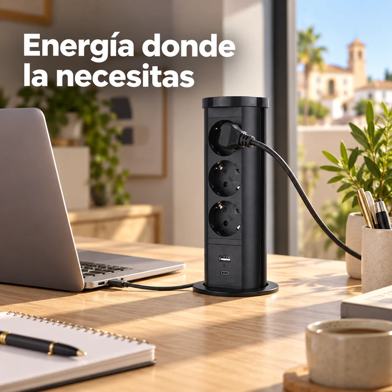 Pneumatic Recessed Socket Ø75 Mm, 3 Schuko Outlets, Usb-A and Usb-C, Retractable Tower for Desk