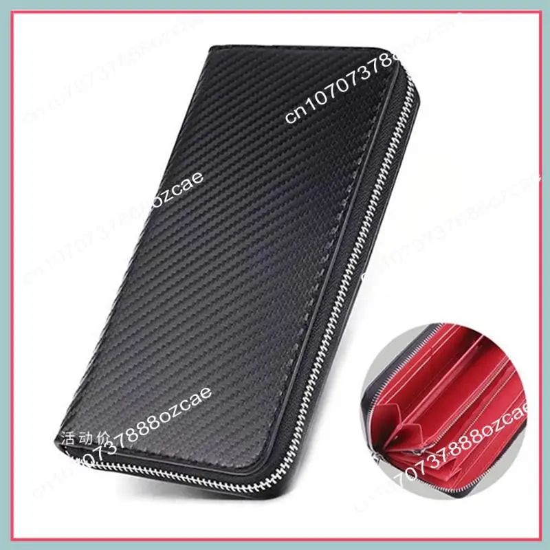 Carteira masculina de couro de microfibra de fibra de carbono com bolso para celular A26P com zíper longo