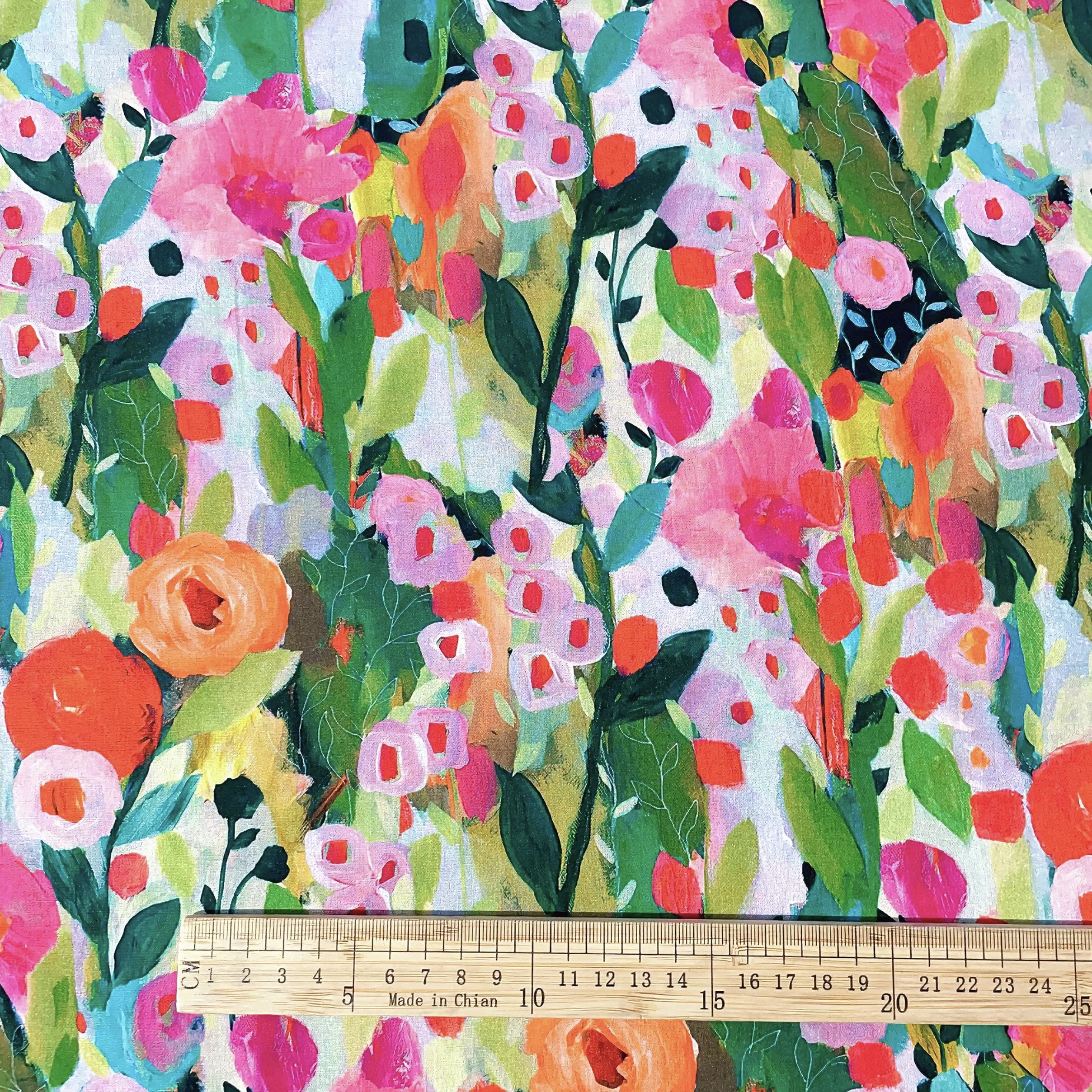 Vibrant Hand-Painted Style Floral Print Cotton Fabric for Fashion Clothing Sewing DIY Garment Creation Home Decor Craft Projects