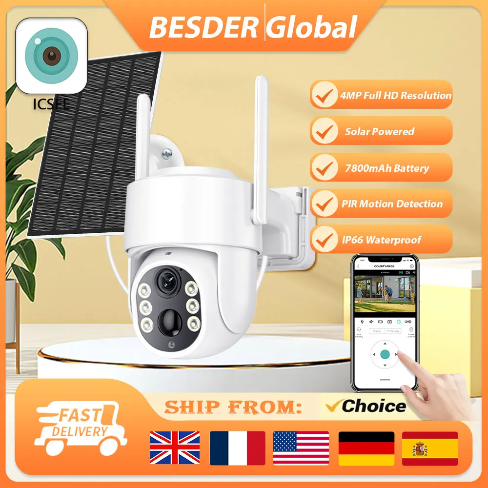 BESDER WiFi PTZ Camera Outdoor Wireless Solar IPCamera 4MP HD Built-in Battery Video Surveillance Camera Long Time Standby iCsee