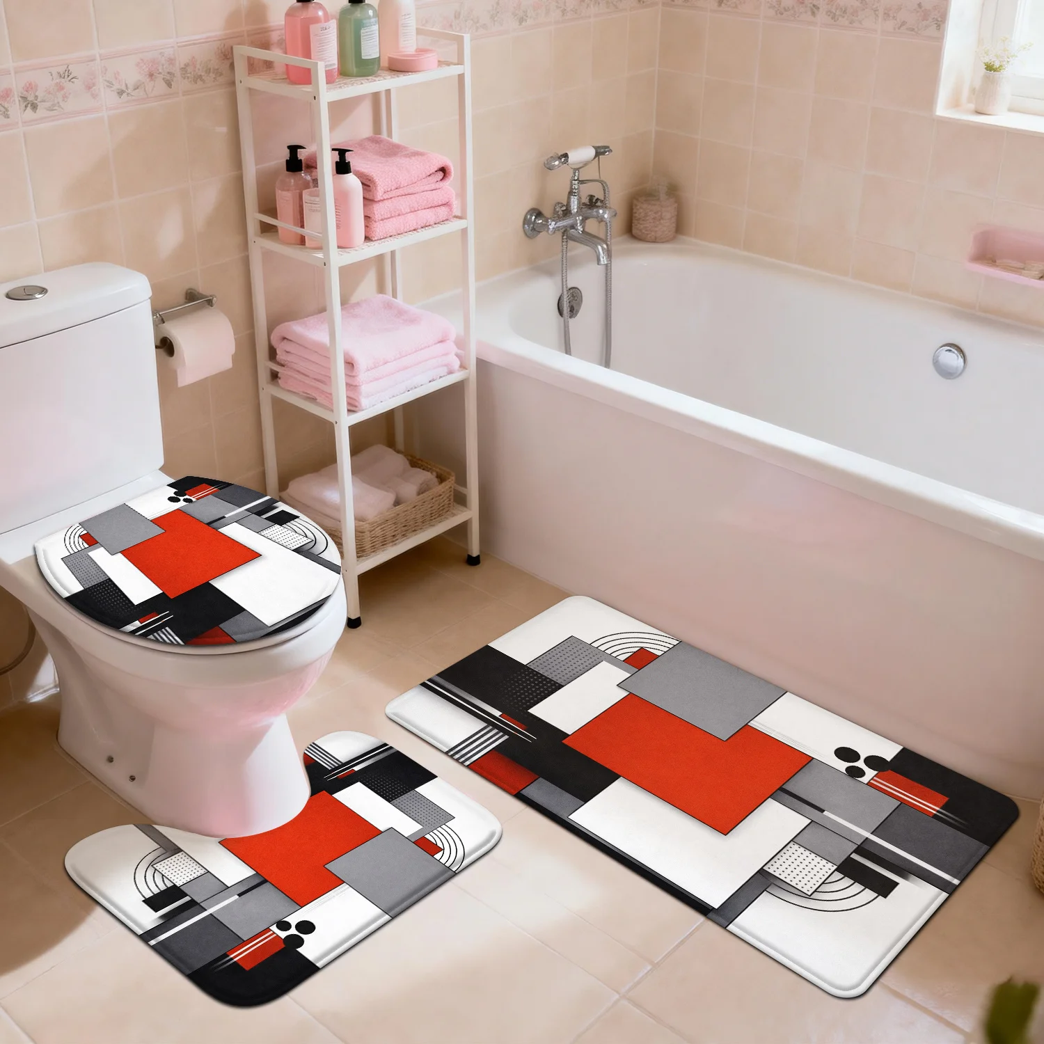 3pcs Bathroom Three-Piece Set Floor Mat, Polka Dot Arc Red Gray Square, Home Decoration Entrance Door Mat, Toilet Lid Mat Toilet