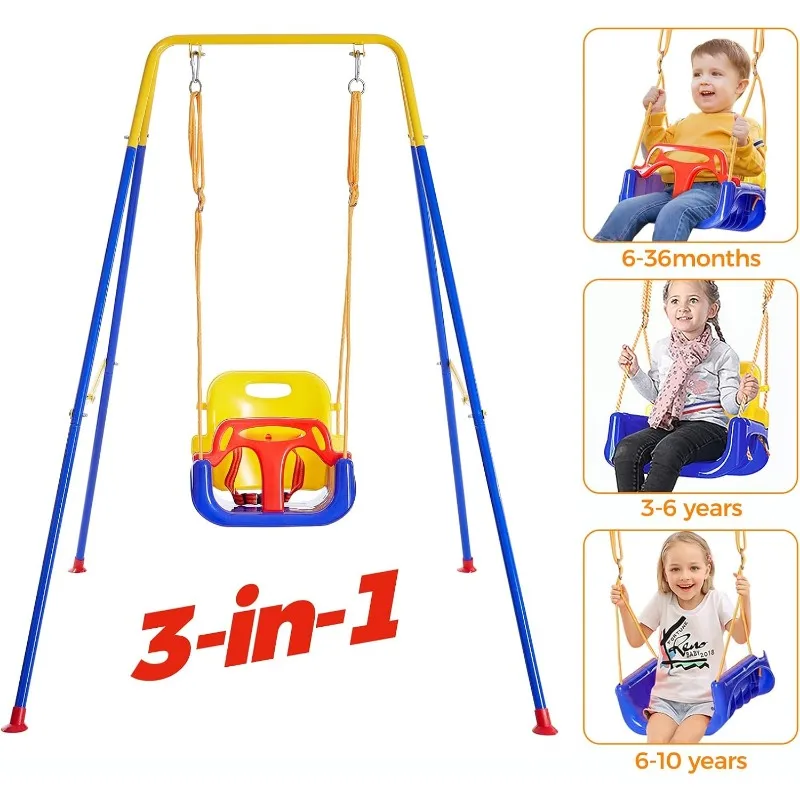 3-in-1 Toddler Swing Set with 4 Sandbags, Indoor/Outdoor Baby Swing with Foldable Metal Stand, Kids Swing